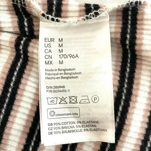 H&M Ribbed Baby Tee Jr Size Medium 90s Y2K Vibe Pink Black White Stripe Top Crew - Picture 3 of 10